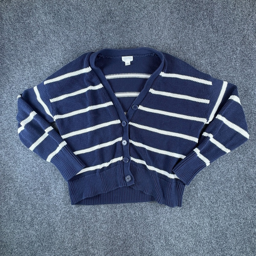 Caslon Cardigan Sweater Women L Blue White Striped Knit Pima Cotton Button Front
